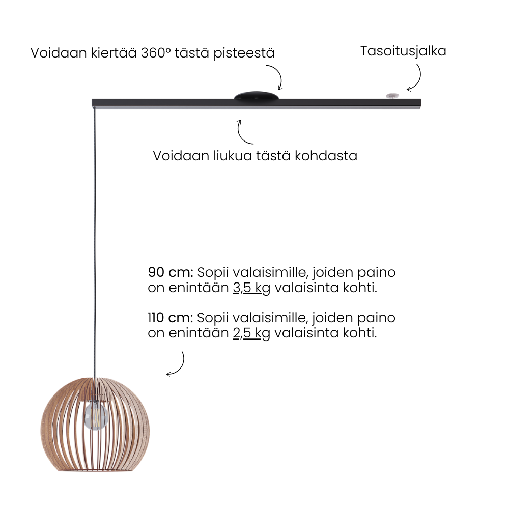 Lightswing tuotekuva tekstillä; - voi kääntyä 360 astetta -tasausjalka - voi liu'uttaa keskeltä - 90cm: sopii riippuvalaisimille 3,5 kg:n painoon asti - 110cm: sopii riippuvalaisimille 2,5 kg:n painoon asti.