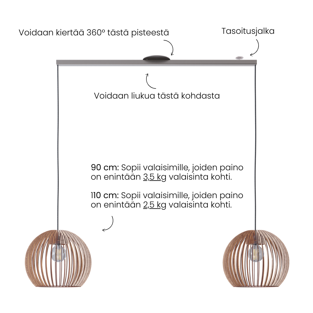 Lightswing tuotekuva tekstillä; - voi kääntyä 360 astetta -tasausjalka - voi liu'uttaa keskeltä - 90cm: sopii riippuvalaisimille 3,5 kg:n painoon asti - 110cm: sopii riippuvalaisimille 2,5 kg:n painoon asti.